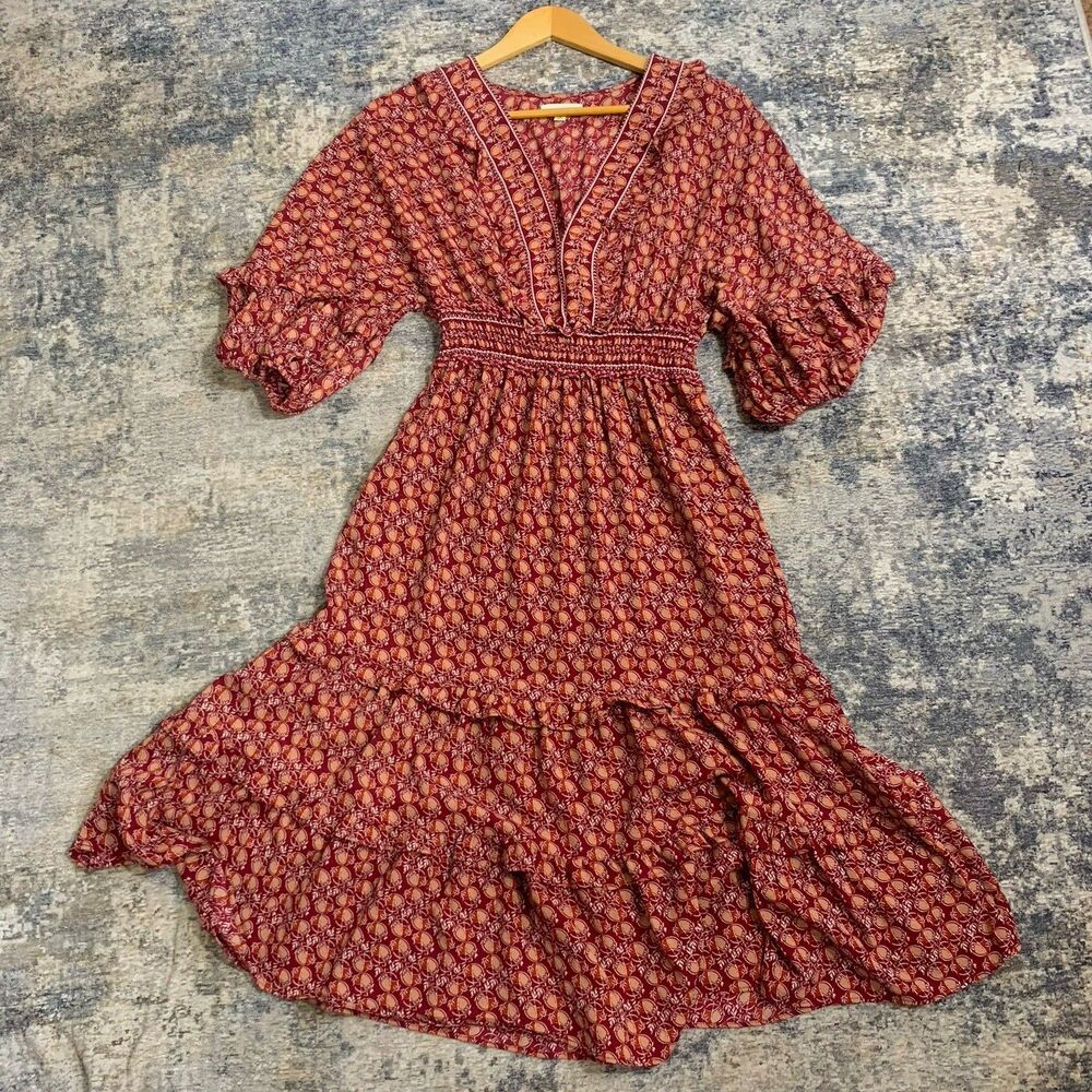 Max Studio Red Floral Smocked Waist Tiered Dress Size Small